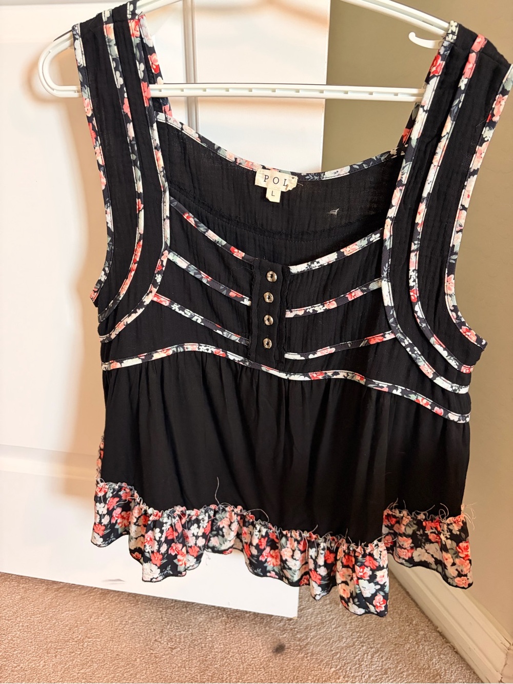 POL Black Tank Top with Pink & Cream Floral Trim